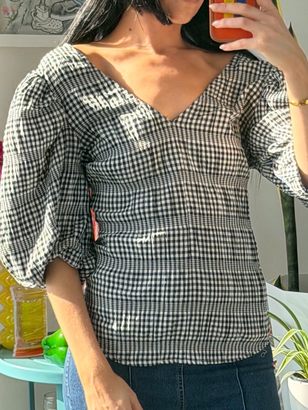 Witchery Black & White Gingham Puff-Sleeve Top